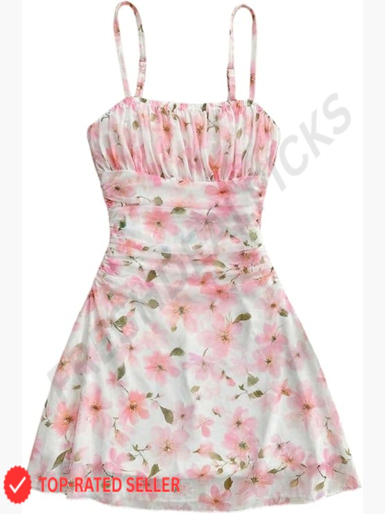 Girls Floral Mesh Ruched Cami Dress A-Line Summer Spaghetti Strap Sleeveless
